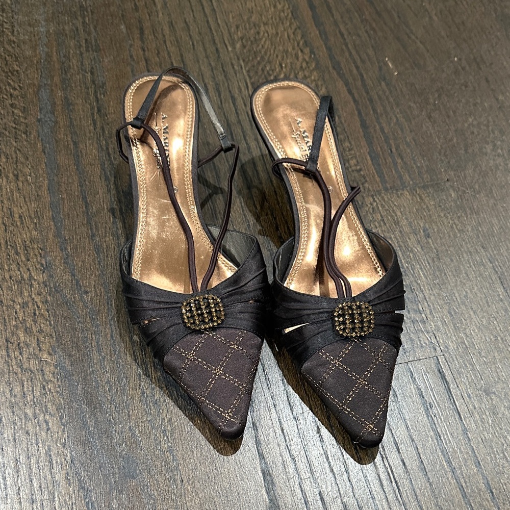 A. Marinelli Black Slingback Heels with Gold Accents